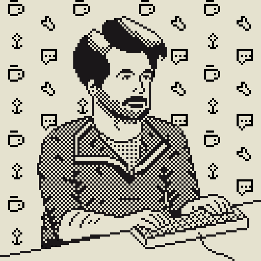 A 1-bit art self portrait of me using a keyboard
