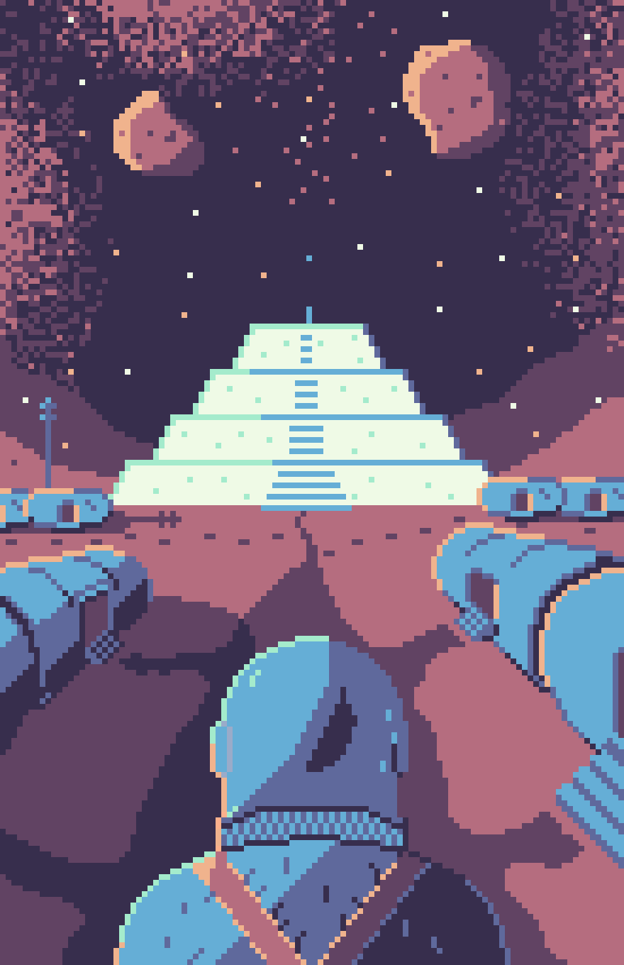 A pixel art image of an astronaut in a spacesuit looking down a path in a Martian settlement. The path ends at a massive salt pyramid with a tiny figure on top and one blue dot among the stars.