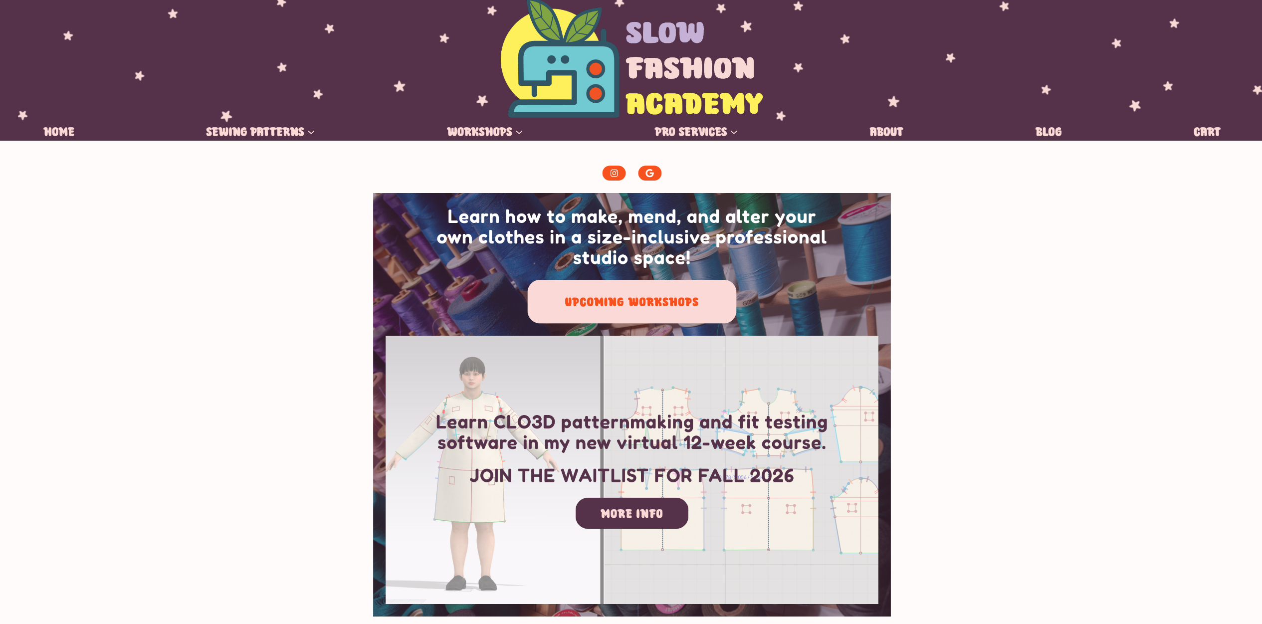 The website for Slow Fashion Academy. A purple banner with the logo, a cute blue sewing machine with leaves on top, is over a banner advertising upcoming sewing workshops
