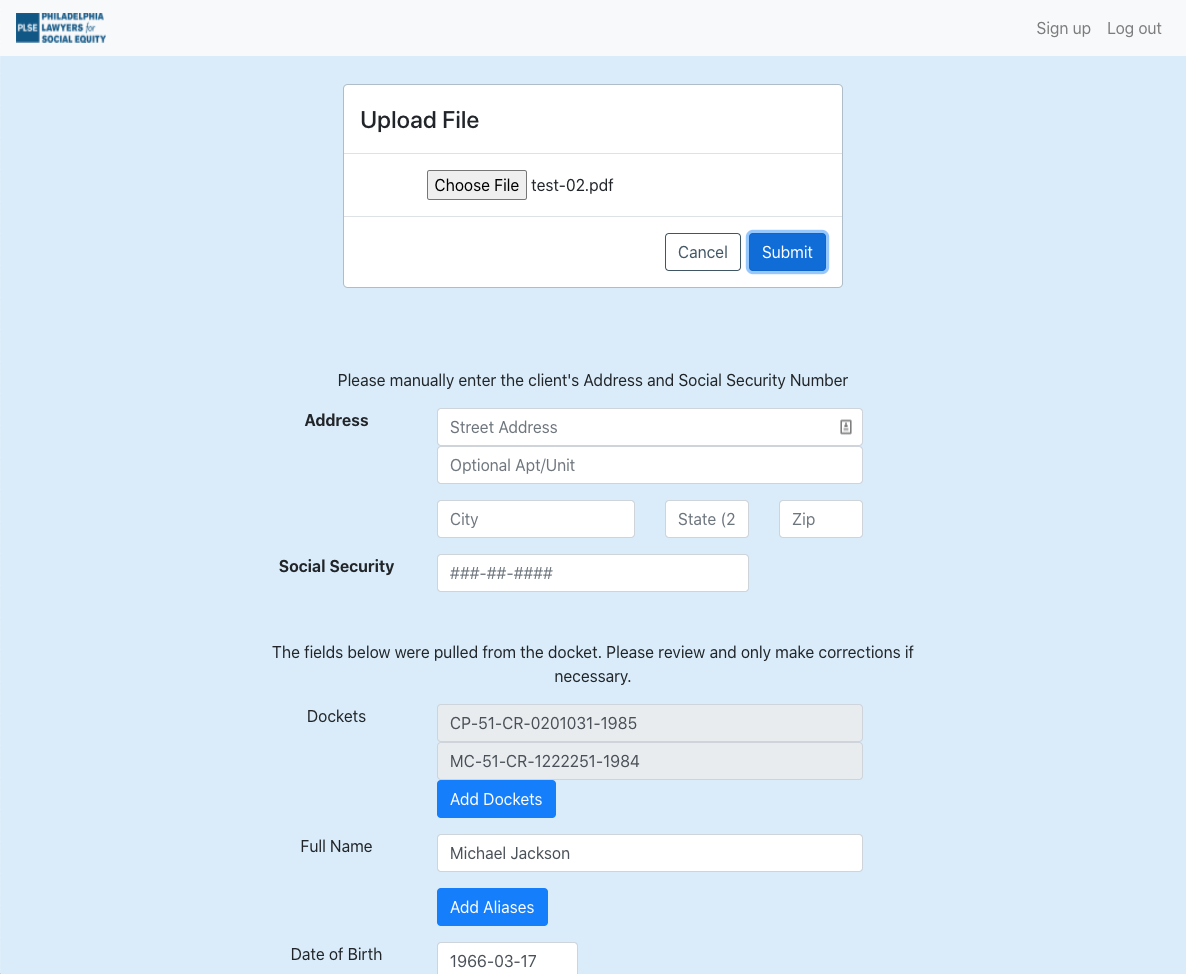 Screenshot of the Expungement Petition Generator