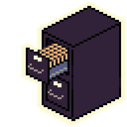 A pixel-art sticker of a filing cabinet that opens its top drawer when you hover over it.