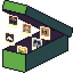 A pixel-art sticker of a shoebox of pictures that opens when you hover over it.