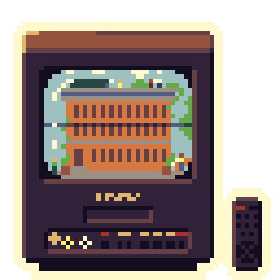 A pixel-art sticker of a TV and VCR combo that turns on when you hover over it.