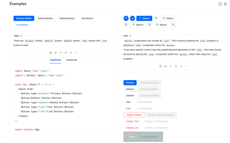 Interactive examples from Antd of buttons, with one code example open