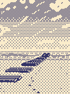 A very sparse looking pixel art image of a beach with pylons going out into the water