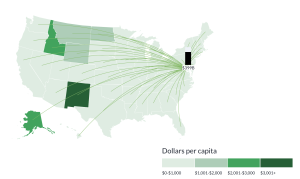 A map of the US states in shades of green with lines going fro Washington DC to each state