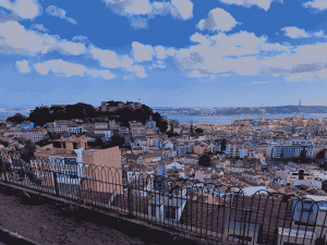 A dithered wide view of Lisbon portugal with many roofs and a castle on a hill in the distance