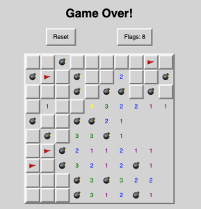 A Minesweeper board that has been lost terribly.