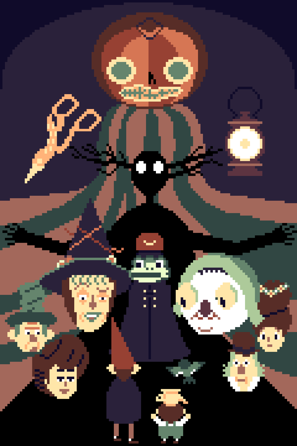A pixel art image of a pumpkin man, a horror creature, many cartoon faces including a frog, and two boys and a bird facing them all.