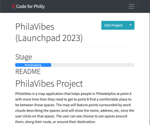 The PhilaVibes Project Page on codeforphilly.org. Includes the name, and indicates it was part of the 2023 Code for Philly Launchpad