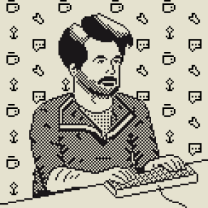 A very simple pixel art drawing of Travis at a keyboard with icons floating behind him