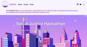The Social Justice Hackathon 2024 website. Very purple with a skyline and linkes to events, posts, and about the event itself