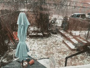 A dithered snowy backyard with a blue table umbrella tucked in