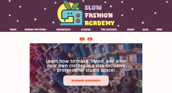 The website for Slow Fashion Academy. A purple banner with the logo, a cute blue sewing machine with leaves on top, is over a banner advertising upcoming sewing workshops