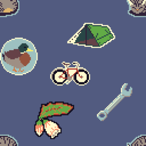 Pixel art icons of a tent, a duck, a bicycle, a blueaberry flower and a wrench. In the corners are one fourth of a cat that become whole when the image is tiled.
