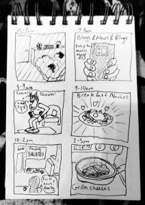 A six panel comic on a spiral bound notebook. Each panel is labeled with an associated time. The first panel is 12-7am and shows a bedroom in the dark and two cats are sleeping on two bodies in the blanket. 7-8am is of hands (really fingers) holding a phone. Text reads "Blogs & News & Blogs; (way too much about AI)" 8-9am shows a man in a tank top and shorts lifting weights. "Exercise & Shower" and a thought bubble says, "Is that 7 or 8?". 9-10am is labelled Breakfast Nachos and has a drawing of a plate of nachos with a fried egg on top with hearts and light coming off the plate. 10-2pm is of a living room from behind a silhouetted head. The screen says "Playing Balatro" and a speech bubble reads "For 4 hours? Really?" 2-3 pm is 2 sandwiches in a pan on a stovetop and text reads "Grillin cheeses"